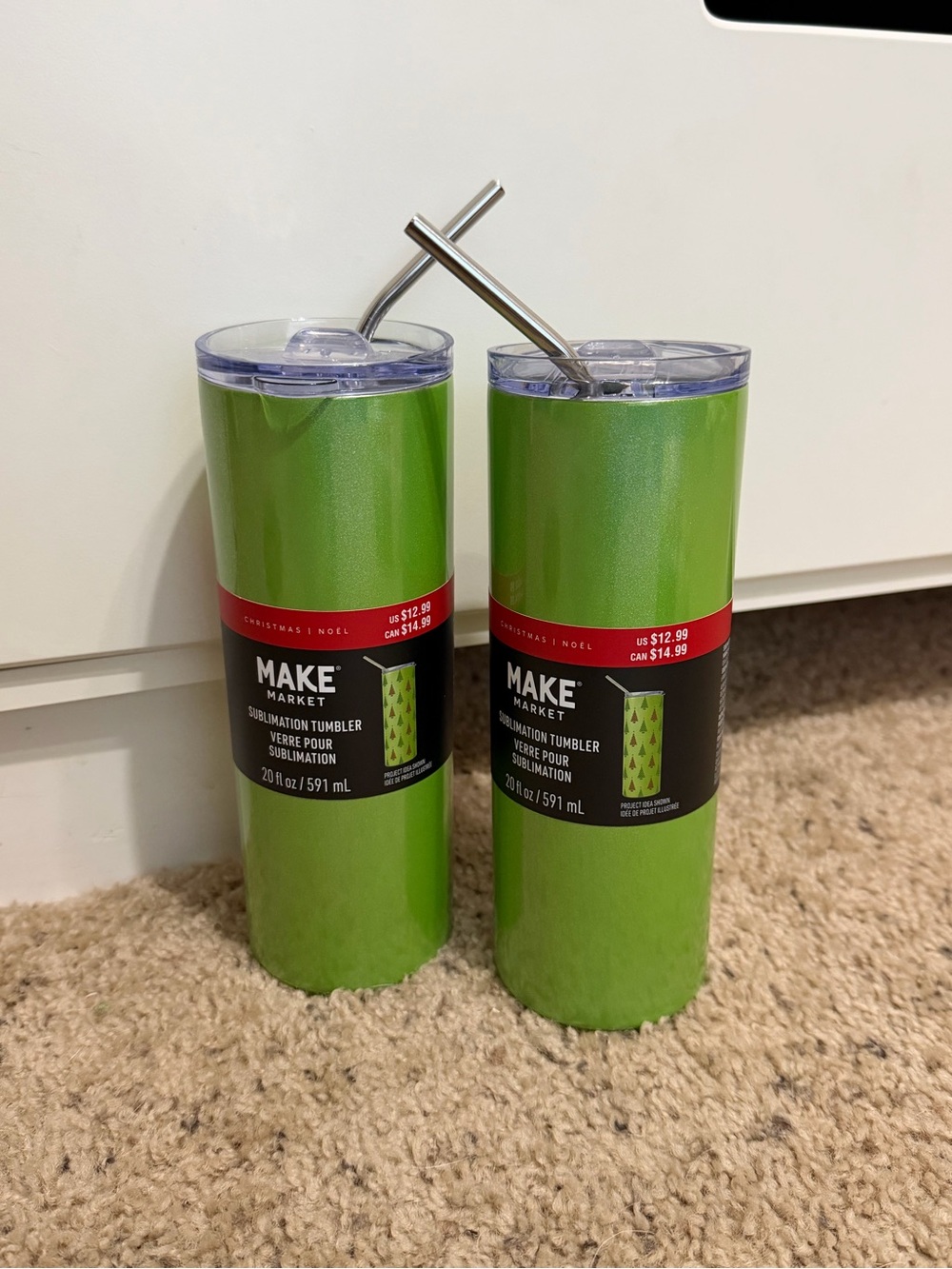 2- 20 oz Make Market Green Glitter Stainless Sublimation Tumblers with Straws